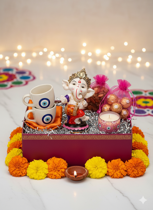 Diwali Gift Box Set with Ganesha Idol, Evil Eye Coffee Cups, Scented Candles