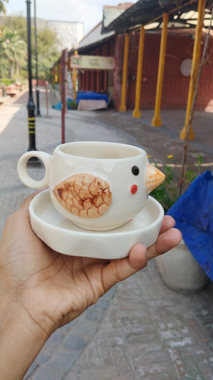 Sparrow Ceramic Mug with Plate | Cute Bird Design