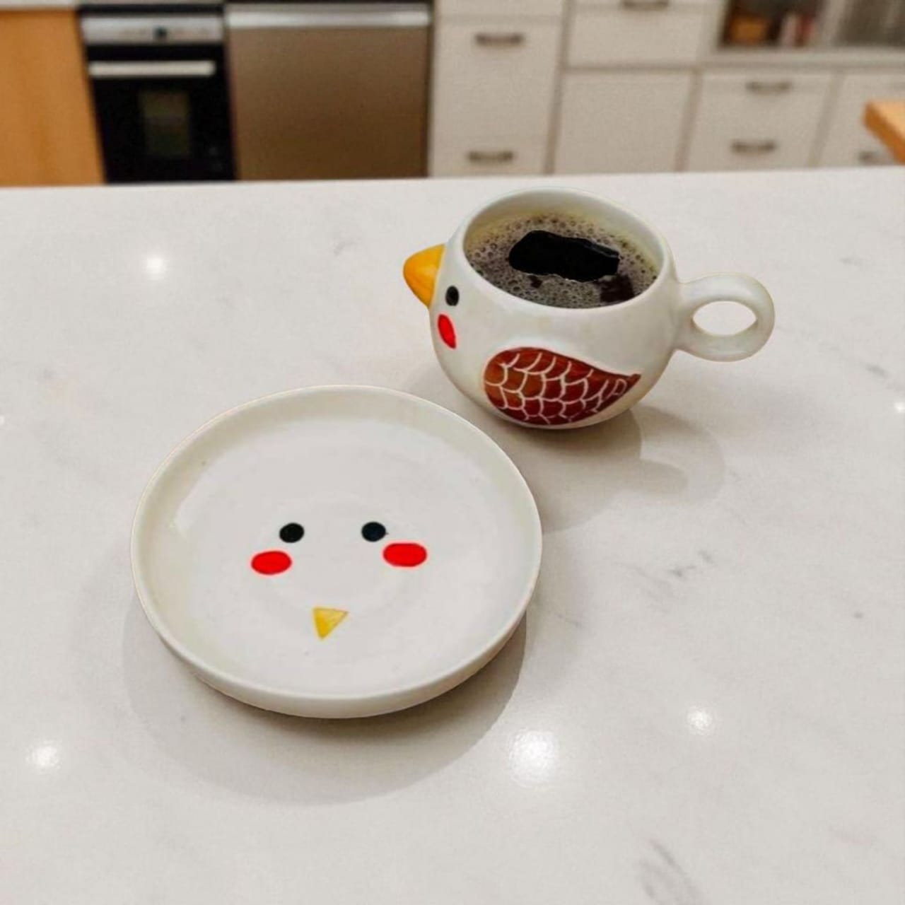 Sparrow Ceramic Mug with Plate | Cute Bird Design