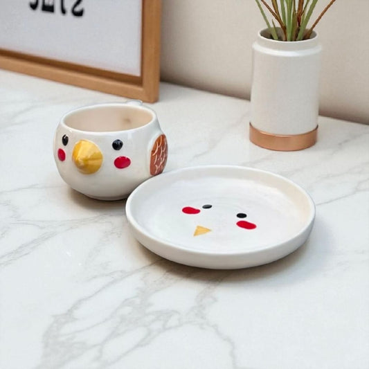 Sparrow Ceramic Mug with Plate | Cute Bird Design